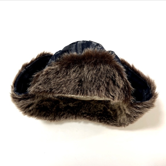 NWT True Religion Denim Faux Fur Trapper Aviator Hat Blue Plaid Logo Pocket - Picture 5 of 6